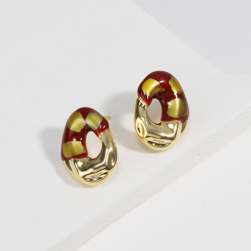 New Design Gilt Red Creative Gold Plated Irregular Round Geometric Earrings for Women Statement Studs Fashion Jewelry Waterproof