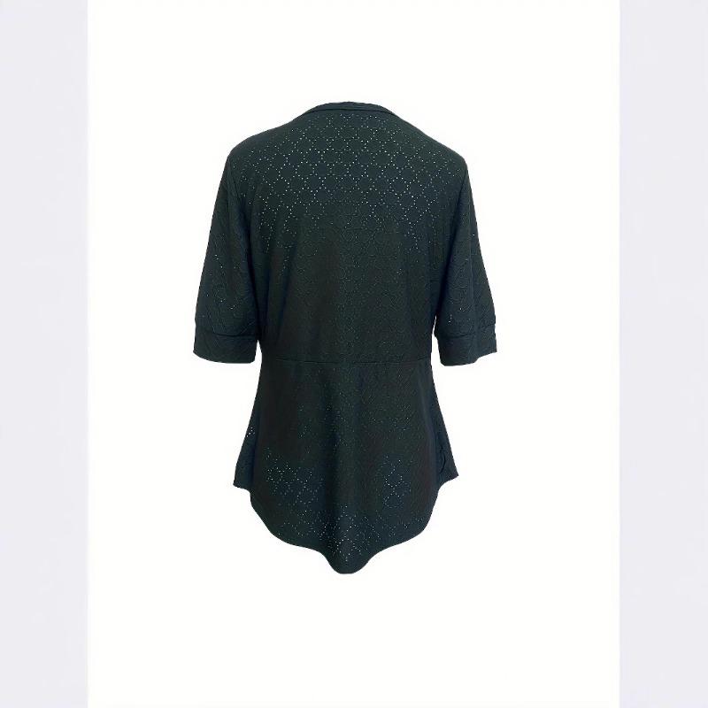Women's Spring and Summer New Solid Colour Square Neck Button Splicing Mid-sleeve Casual T-shirt Tops