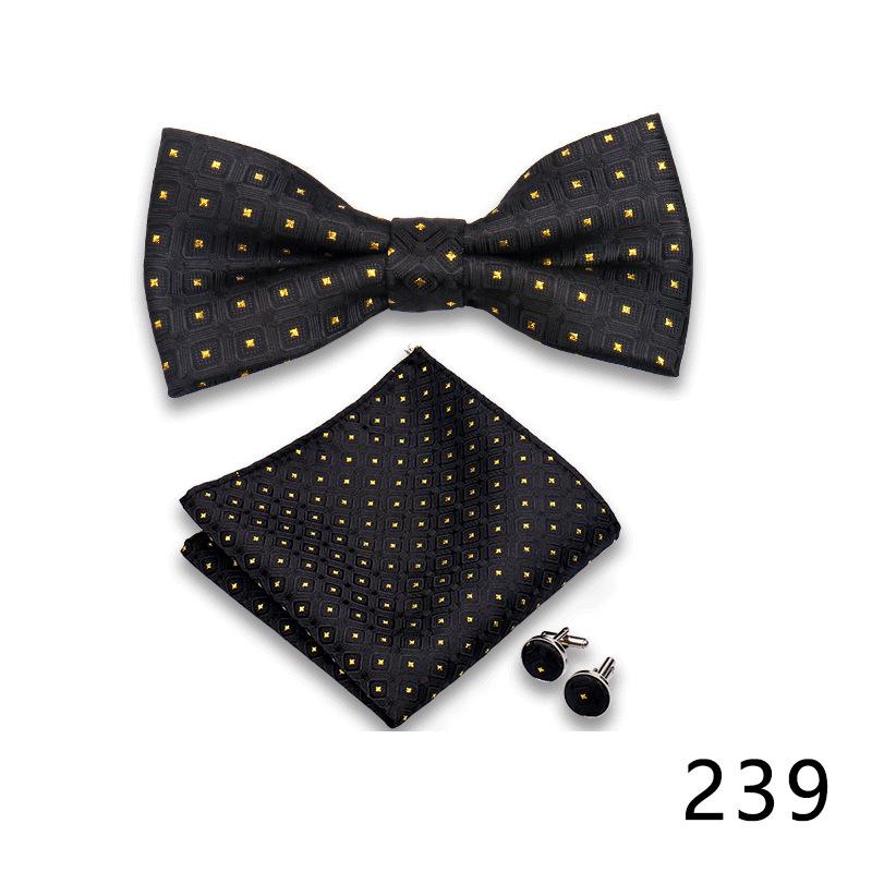 Men's Formal Bow Tie and Pocket Square Set for Banquets and Weddings, with Lapel Flower.