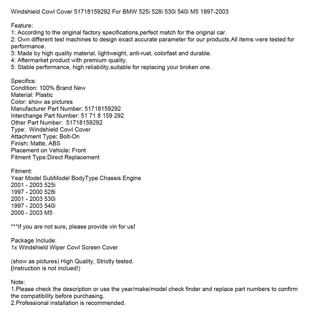 Windschutzscheibenabdeckung 51718159292 Für BMW 525i 528i 530i 540i M5 1997-2003