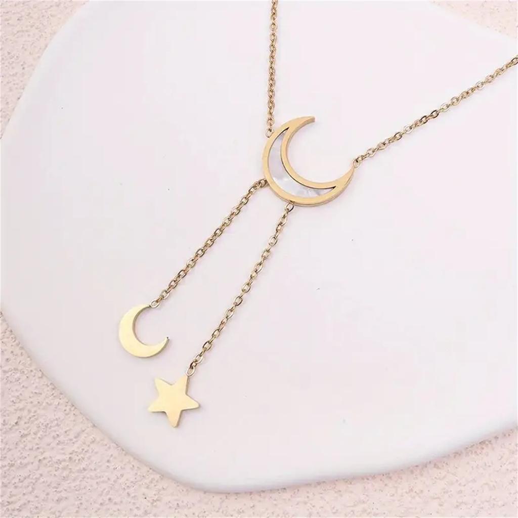 Doppellagige Halskette mit Stern- und Halbmond-Quastenanhänger für Damen, Vintage-Accessoire im Bohème-Stil, Legierung, vielseitig einsetzbar für den Alltag und Partys