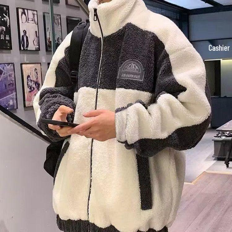 Men's Trendy Hooded Cotton Jacket - Lambswool, Plus Size, Autumn/Winter, Hong Kong Style, Loose Fit, Casual, Warm, Couple's Outerwear