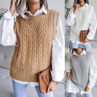 College Style Casual Loose Knit Vest Fashion Women's Hollow Leaf V-neck Sweater