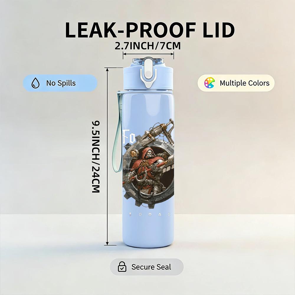 1PC Dark armored fantasy creature print 750ml colorful plastic sports water bottle leakproof pop up lid with straw for outdoor work home use