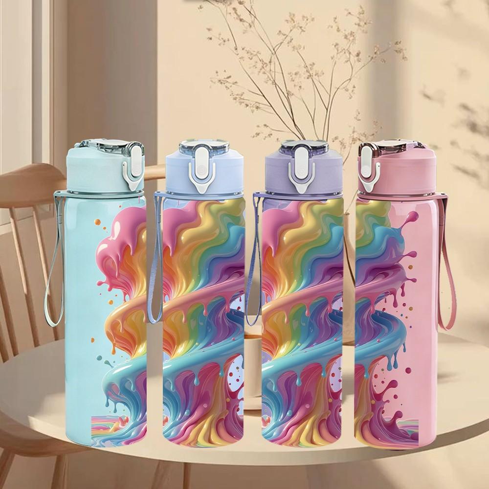1PC Twisted Rainbow Smoke Swirl Print 750ml Color Plastic Sports Water Bottle Leakproof Flip Straw Lid Suitable for Sports Office Home Use