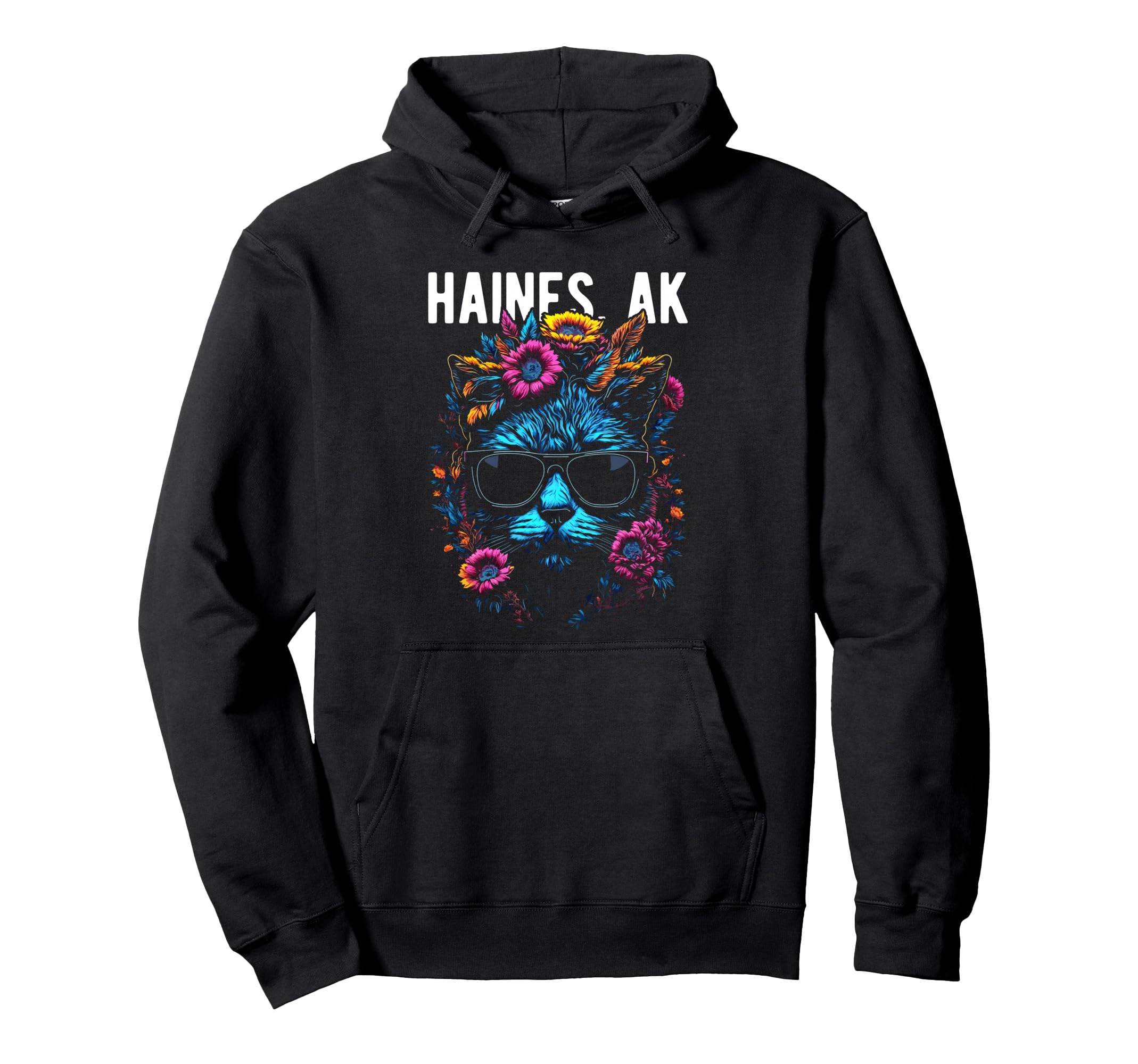 

Hanes Alaska Cat Hoodie wearing sunglasses and floral design