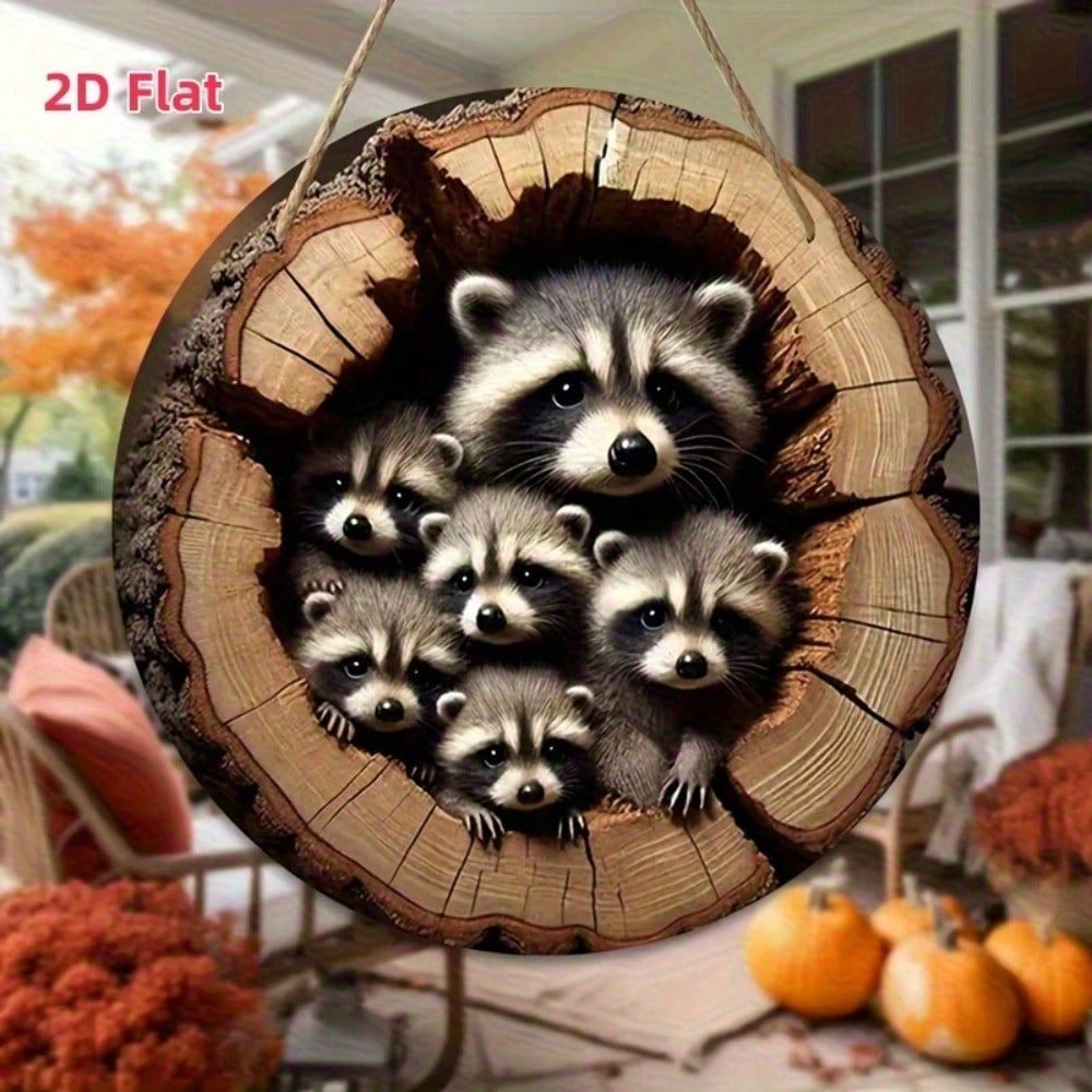 

Metal Wall Art Raccoon Family Flat Design, Holes and Rope Included, Home Decor
