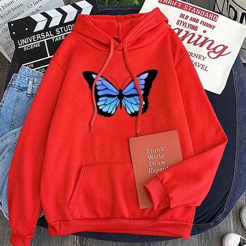 Korean Butterfly Hoodie Harajuku Streetwear Trend Gradient Graphic Print Women Oversize with Pocket Long Sleeve Aesthetic Hoodie