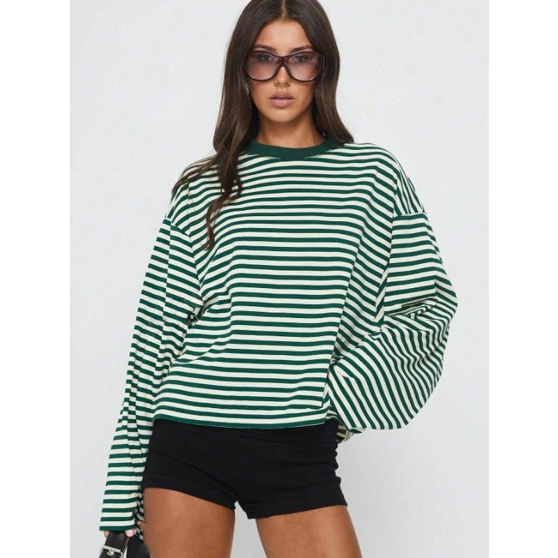 Loose Casual Retro Color Contrast Striped Long Sleeve T Shirt Top