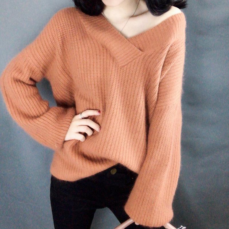 V-neck Sweater Women's Pullover Lantern Sleeves Loose Fashion Knitted Bottoming Shirt Autumn and Winter