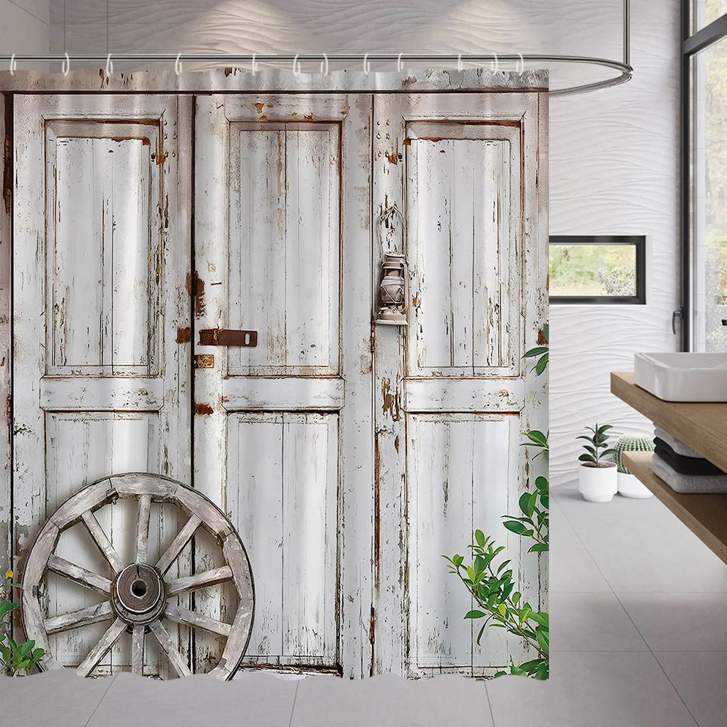 Wood Door Cow Shower Curtain Farm Animal Barn Door Wooden Wheel Pumpkin Sunflower Retro Bath Curtain Bathroom Accessories Set