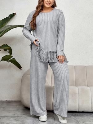 Plus Size Women Home Style Two Piece Outfit Fall Casual O-Neck Long Sleeve Tassel Hem Tops with Wide Leg Pants Sets