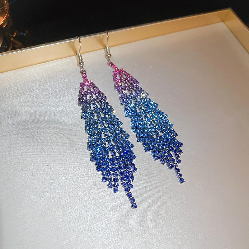 Diamond-set geometric feather fringed earrings European and American niche high-end ear hooks fashion personality versatile earrings women