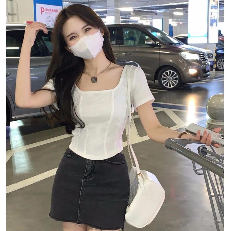 Square Collar T-shirt Women's Summer Korean New Hot Girl Style Design Slim Short Short-sleeved Top
