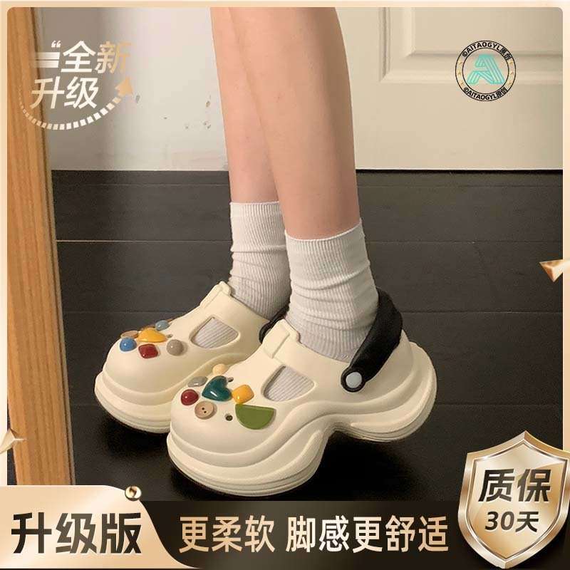 Sweet Bow Platform Hole Shoes Women's Spring and Summer 2025 New Outer Wear Heightening Rhinestone Bag Head Half Slippers