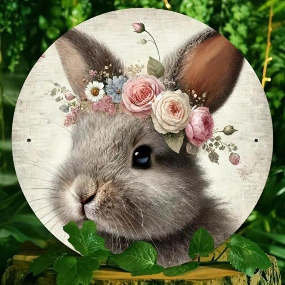 Easter Bunny Metal Round Sign Wall Art Vintage Spring Decor 8x8 Inch