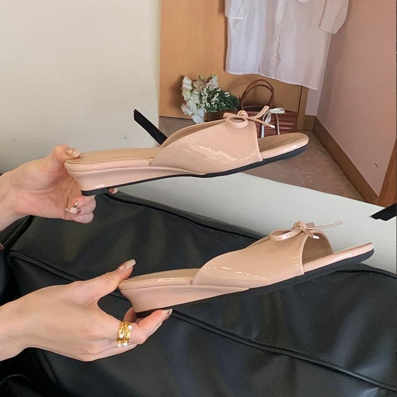Fashion Female Low Heel Footwear Wedges Slippers Slides Shoes For Women Fashion Butterfly-Knot Ladies Heeled Slippers Sandals Shoes