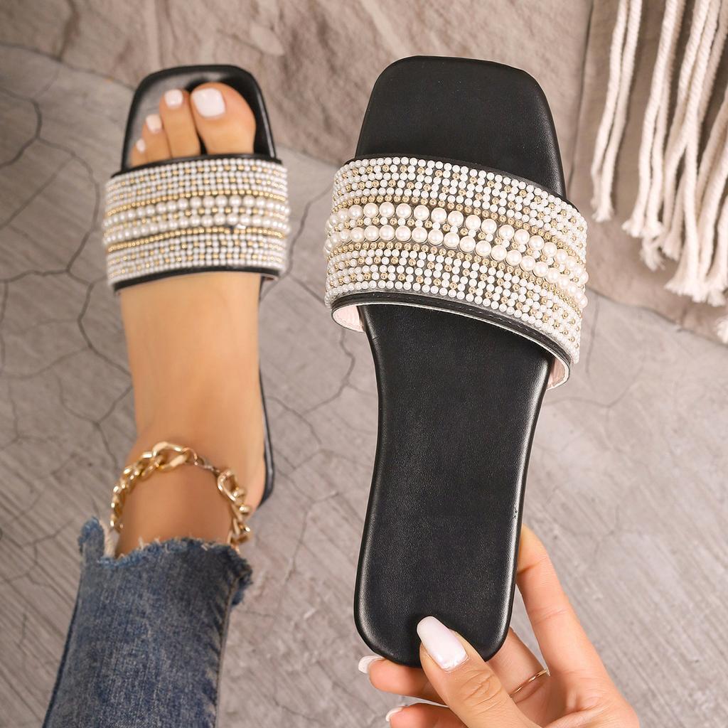 Plus Size Women's Korean Style Solid Color Square Toe One Strap Rhinestone Flat Slip on Slide Sandals