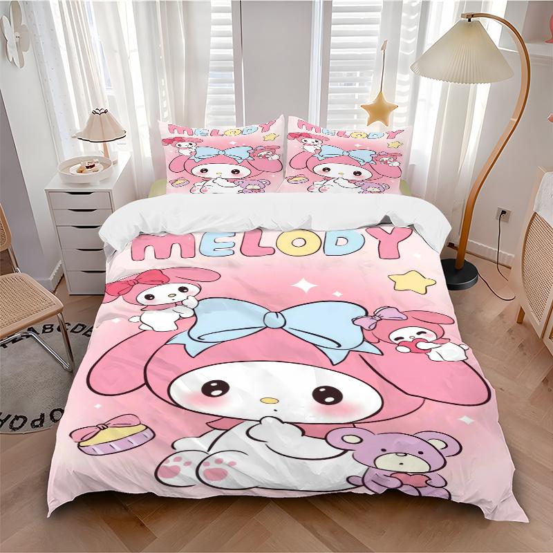 3pcs Pink Cute My Melody Sanrio Printed Bedding Set, Soft and Comfortable Quilt Cover for Bedroom, Guest Room (1 Duvet Cover + 2 Pillowcases