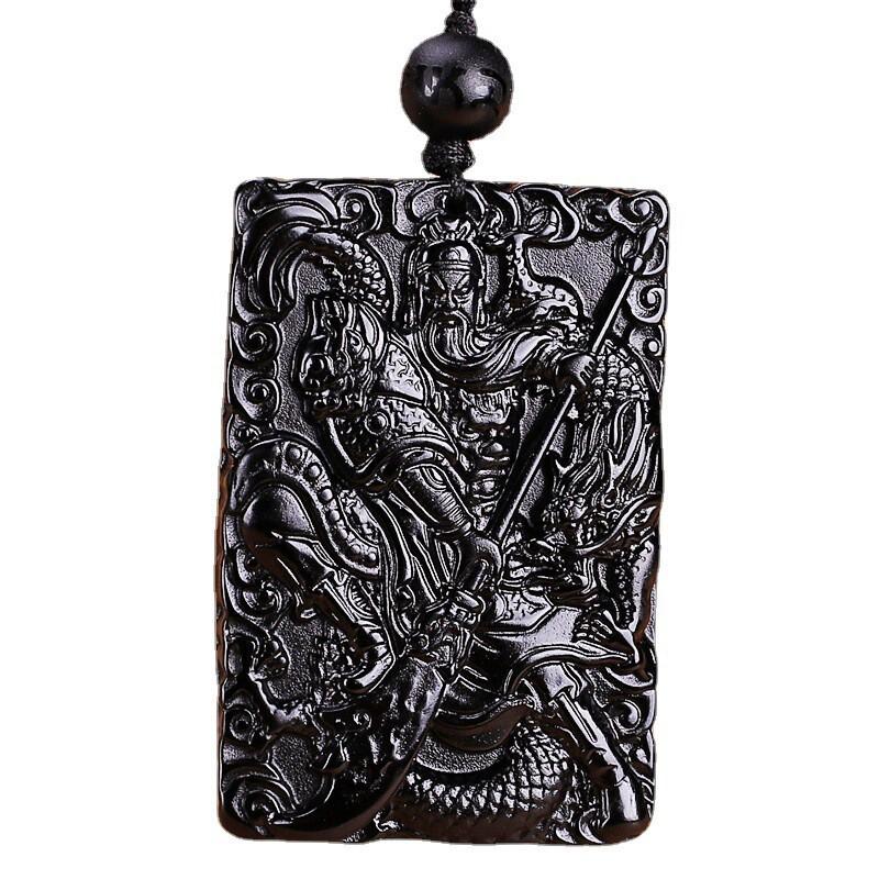 Natural Obsidian Guan Yu Pendant Necklace Men Hand-Carved Black Stone Amulet With Dragon Motif Chinese Cultural Style