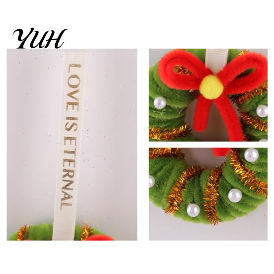 Plastic Festive Pendant Handmade Pipe Cleaner Christmas Wreath Ornament, Chenille Stems Mini Cute Holiday Ornament Crafts with Bow Bells for