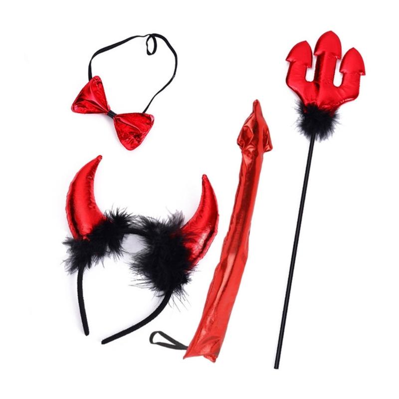 Cartoon Devil Horn Shape Hair Hoop Plush Carnivals Party Headpiece Colorful Cosplay Party Tail&Bowties Props Unisex