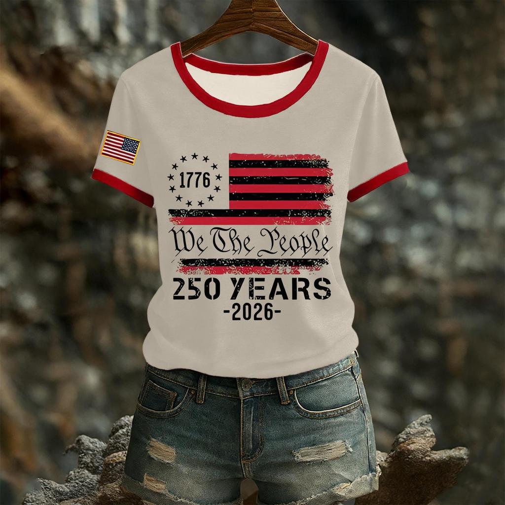 Damski casualowy top T-shirt z krótkim rękawem i okrągłym dekoltem z nadrukiem