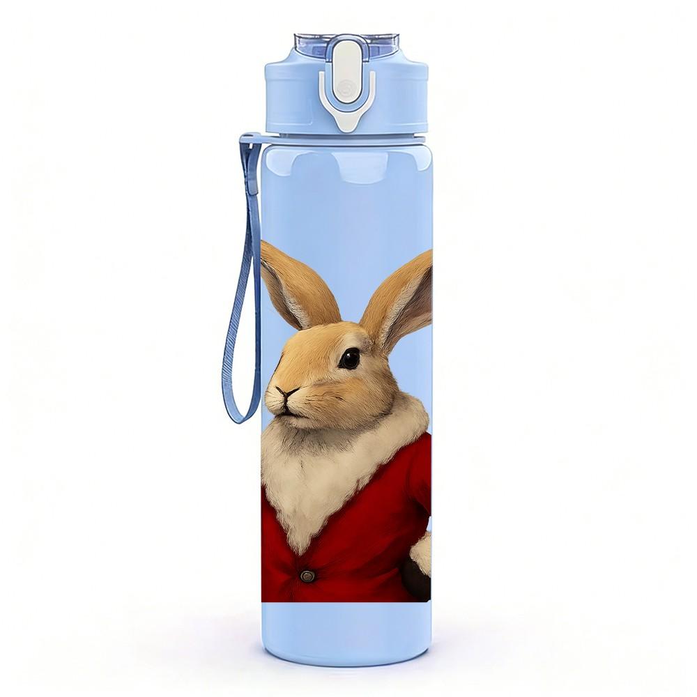 1PC Rabbit Drinking Wine Funny Print 750ml Color Plastic Sports Water Bottle Leakproof Flip Straw Lid Suitable for Sports Office Home Use