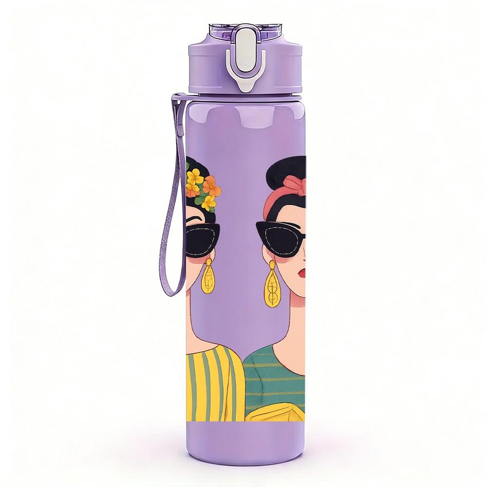 1PC Two Ladies Sunglasses Portrait 750ml Color Plastic Sports Water Bottle Leakproof Flip Straw Lid For Sports Office Home Use