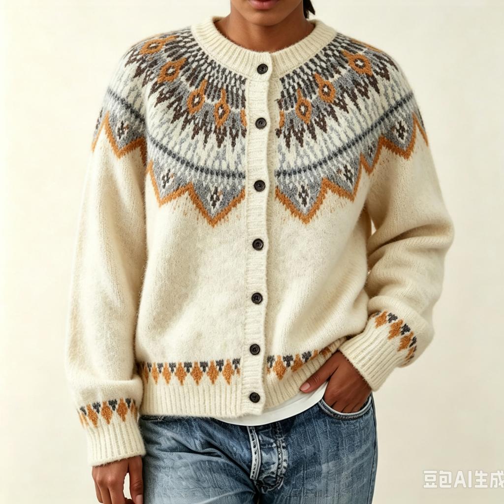 Cardigan a maglia da donna, Collo ampio, Blocco di colore, Fiocco di neve, Bottone