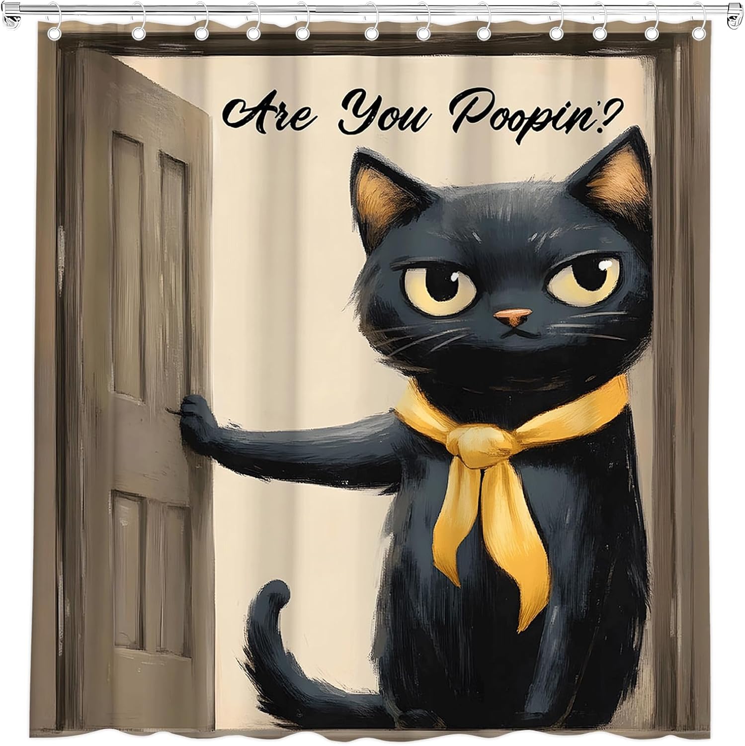 

Funny Cat Shower Curtain Hilarious Cute Black Kitty Pet Retro Lovely Interesting Animal Farmhouse Wooden Door Oil Painting Bath W60H190(CM)-1 Pcs