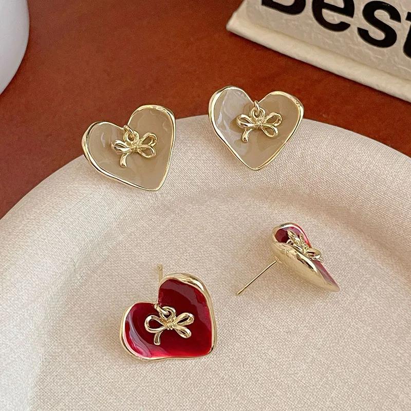 Bow Drop Glazed Heart-Shaped Earrings Retro Autumn Winter French Light Luxury Elegant Temperament Women's Party Jewelry Gift