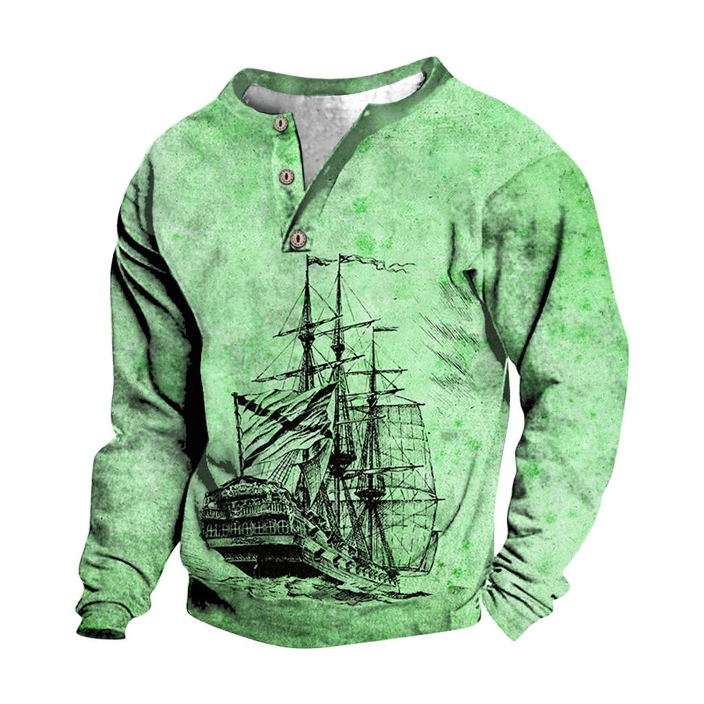 Pullover mit V-Ausschnitt für Herren, 3D-Digitaldruck, Stehkragen, 3 Knöpfe, Vintage-Kragen