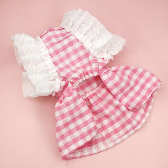 Cat Princess Dress Lace Stitching Square Collar Ruffle Sleeves Plaid Printing Pet Dog Cat Bowknot Skirt Daily Wear