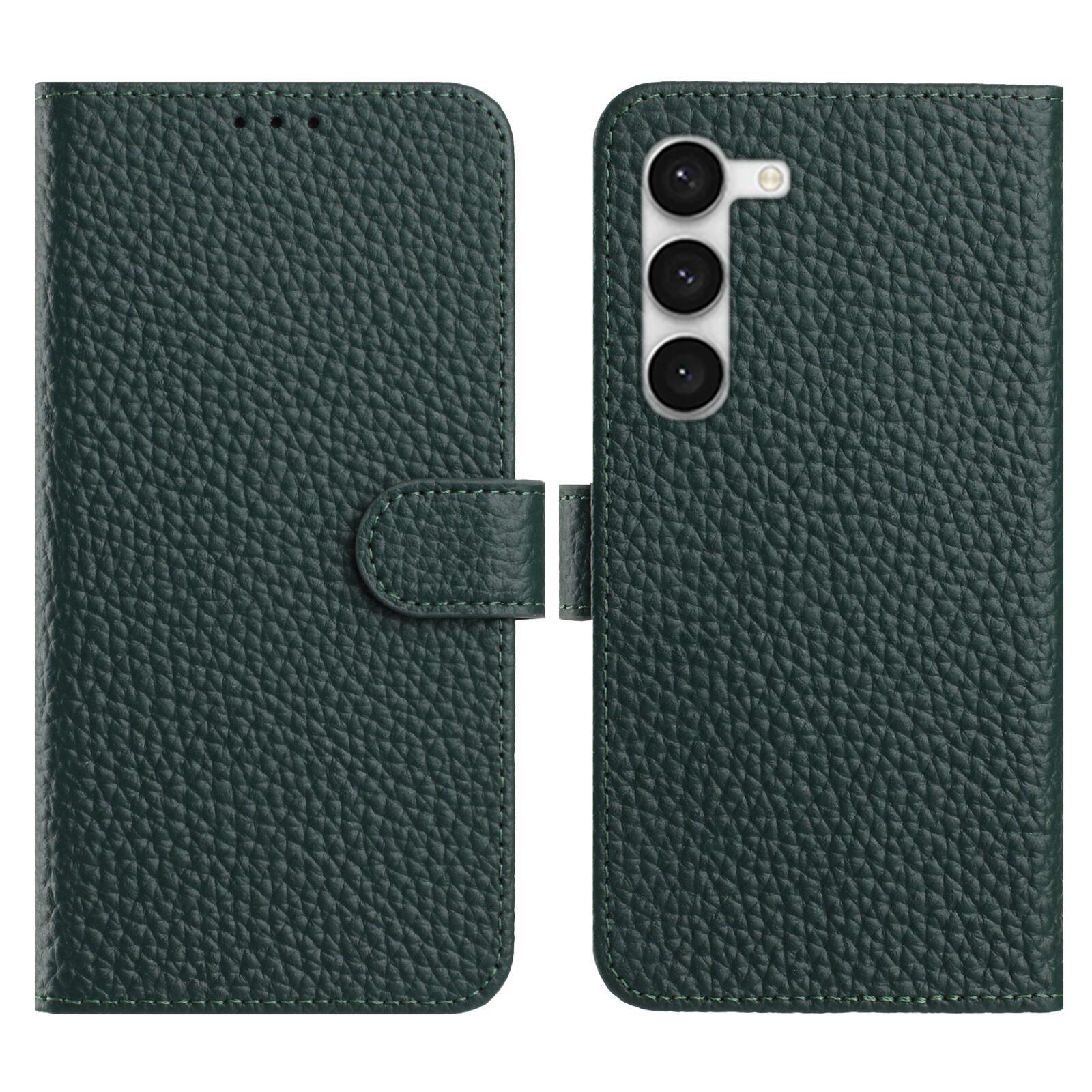

For Samsung Galaxy S23 Case Wallet Stand Litchi Texture Genuine Cow Leather Flip Phone Cover Green