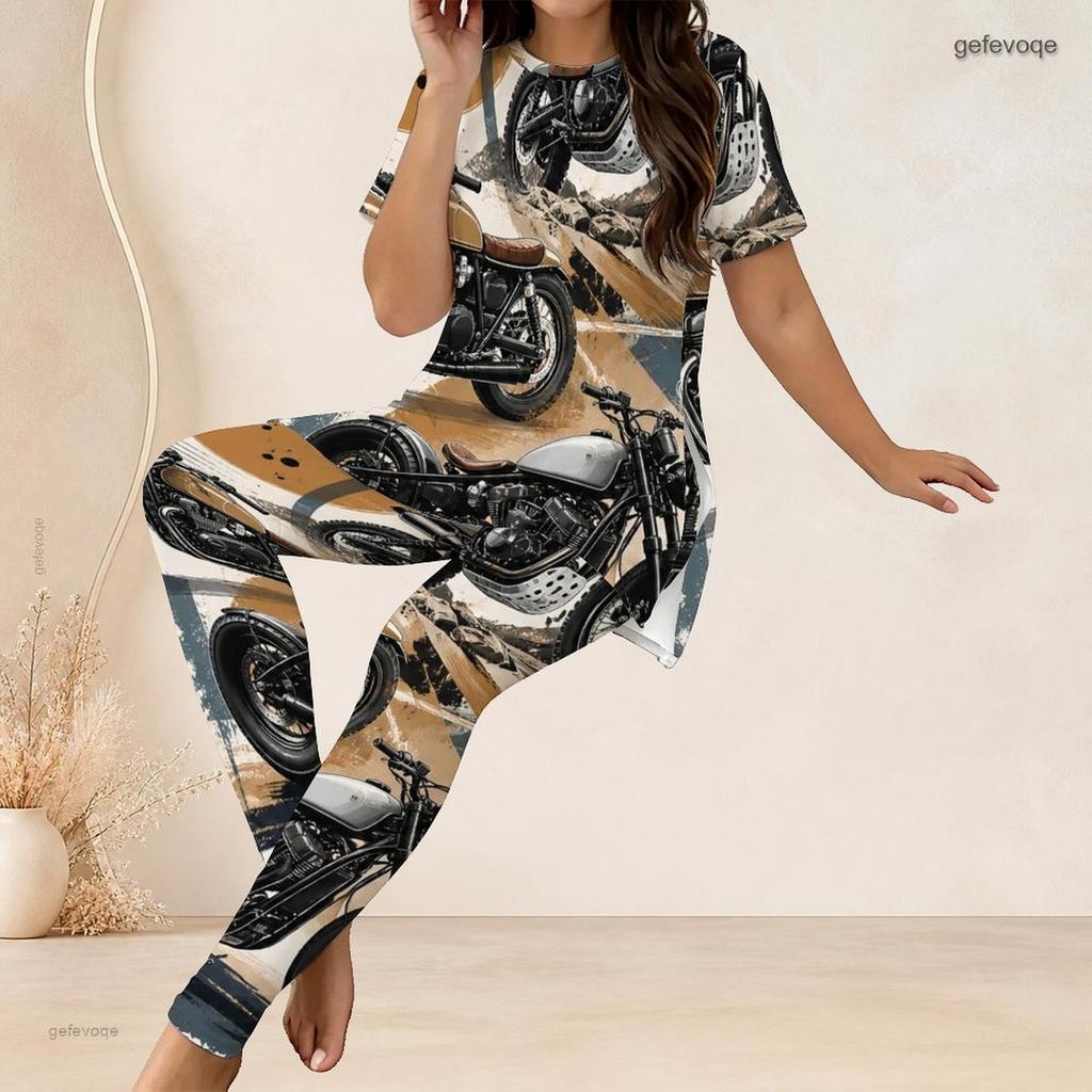 Women Plus Size Printed Two Piece Set Round Neck Short Sleeve Long Top And Fitted Long Pants