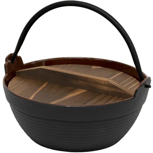 Ikenaga Iron Works IK Electric Cookware Specialty Deep Pot, 24cm (Brown Enamel Interior), Cast Iron with Natural Wood Lid, Made in China, QHK3024