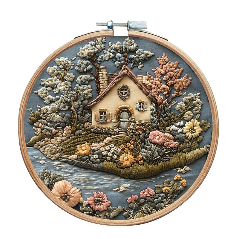 

1 шт. Набор для вышивания «Дом и цветы» своими руками, из ткани, с инструментами 15cm