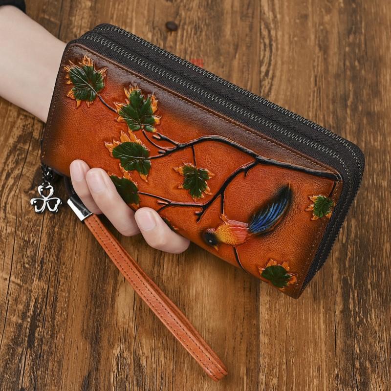 Johnature Vintage Peněženka Držitel na karty Pravá kůže Ražená Dámské Dlouhé Peněženky Pravá Hovězí Kůže Ruční Kabelka