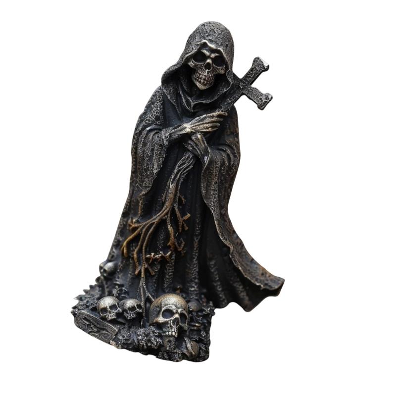 Dunkle Kapuzen-Totenkopf-Figur zur Regaldekoration, 15 cm hoch, saisonaler Raumakzent für Eingangsbereich, Wohnzimmer und Party-Dekoration
