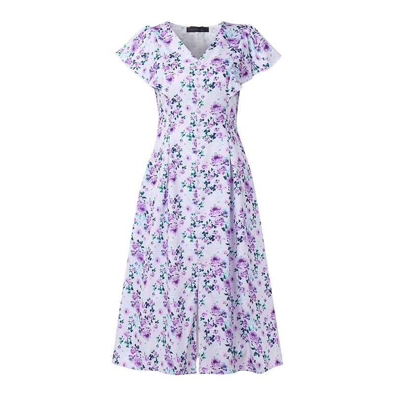 ZANZEA Damska sukienka na co dzień z dekoltem w szpic i kwiatowym nadrukiem z krótkim rękawem