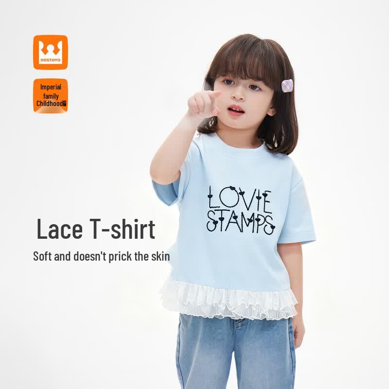 Royal Childhood Girls Lace Trim Embroidered Mesh Short Sleeve Top 110