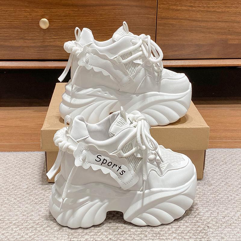 Fashion White Chunky Sneakers Women New Autumn Hidden Heel Platform Sports Dad Shoes Woman Lace Up Breathable Mesh Casual Shoes 10CM