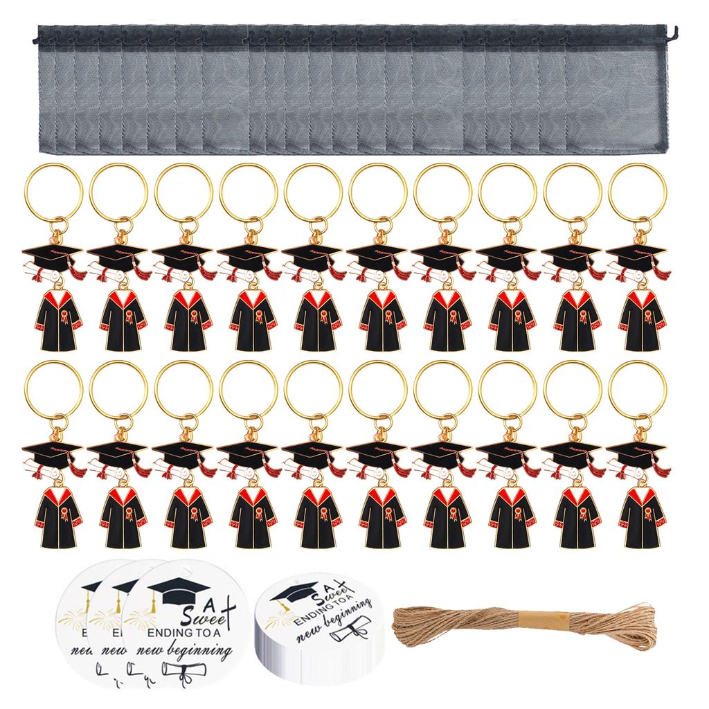 20 Pack Graduation Theme Key Rings Academic Celebration Keychains with Gift Labels Mesh Bags Gown Students Souvenirs