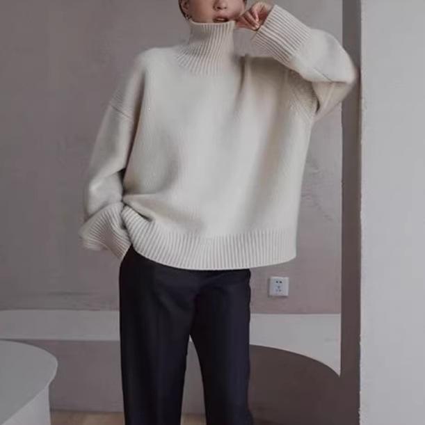 Gray High Collar Women's Knit Sweater: 2026 Autumn/Winter Loose, Thickened, Lazy Korean Style Base Layer