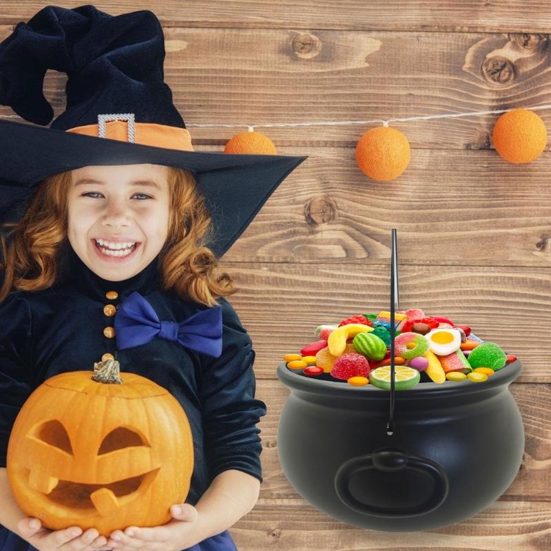 6 Piece Plastic Witch Cauldron Bucket Black Candy Container Treats Bowl for Halloween Party Supplies DIY Craft Decors