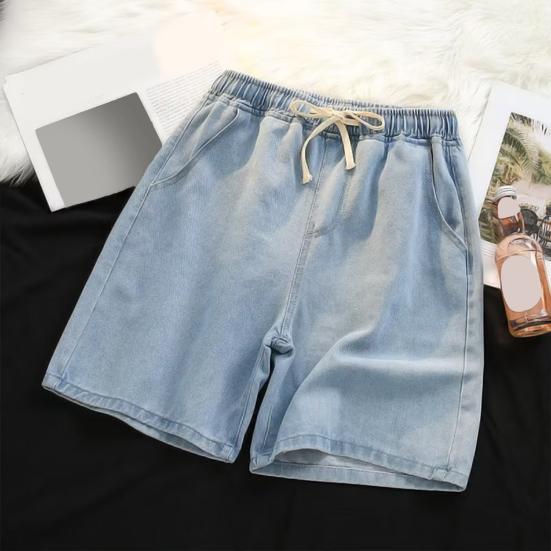 Pantaloni Scurți Denim Bărbați Talie Elastică Șnur Picior Drept Larg Pantaloni Scurți de Vară Culoare Solidă