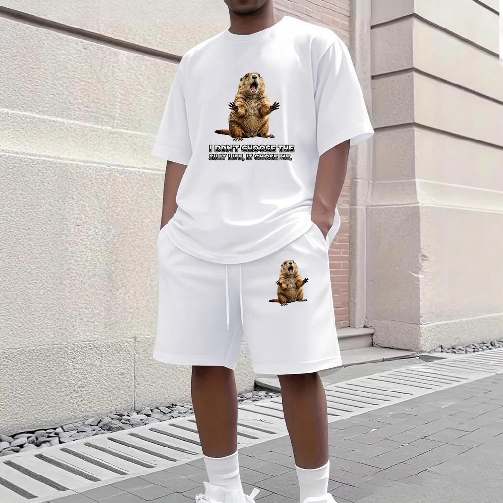 Men's Casual Two Piece Set Short Sleeve Crew Neck T Shirt and Shorts with Animal Print Loose Fit Summer Outfit Comfortable Daily Wear