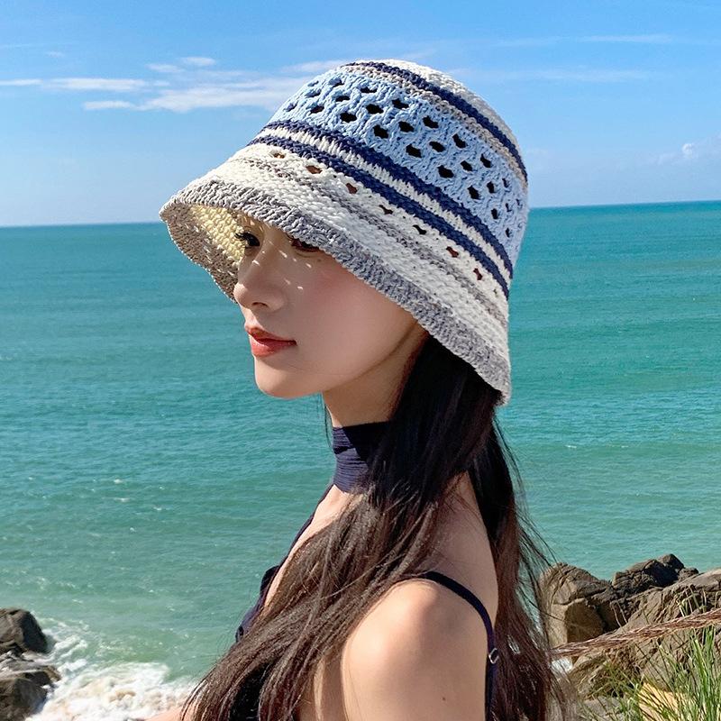 Women Striped Hollow Crochet Bucket Hat Breathable Openwork Wide Brim Sun Cap Lightweight Fisherman Hat for Summer Casual Sun Protection