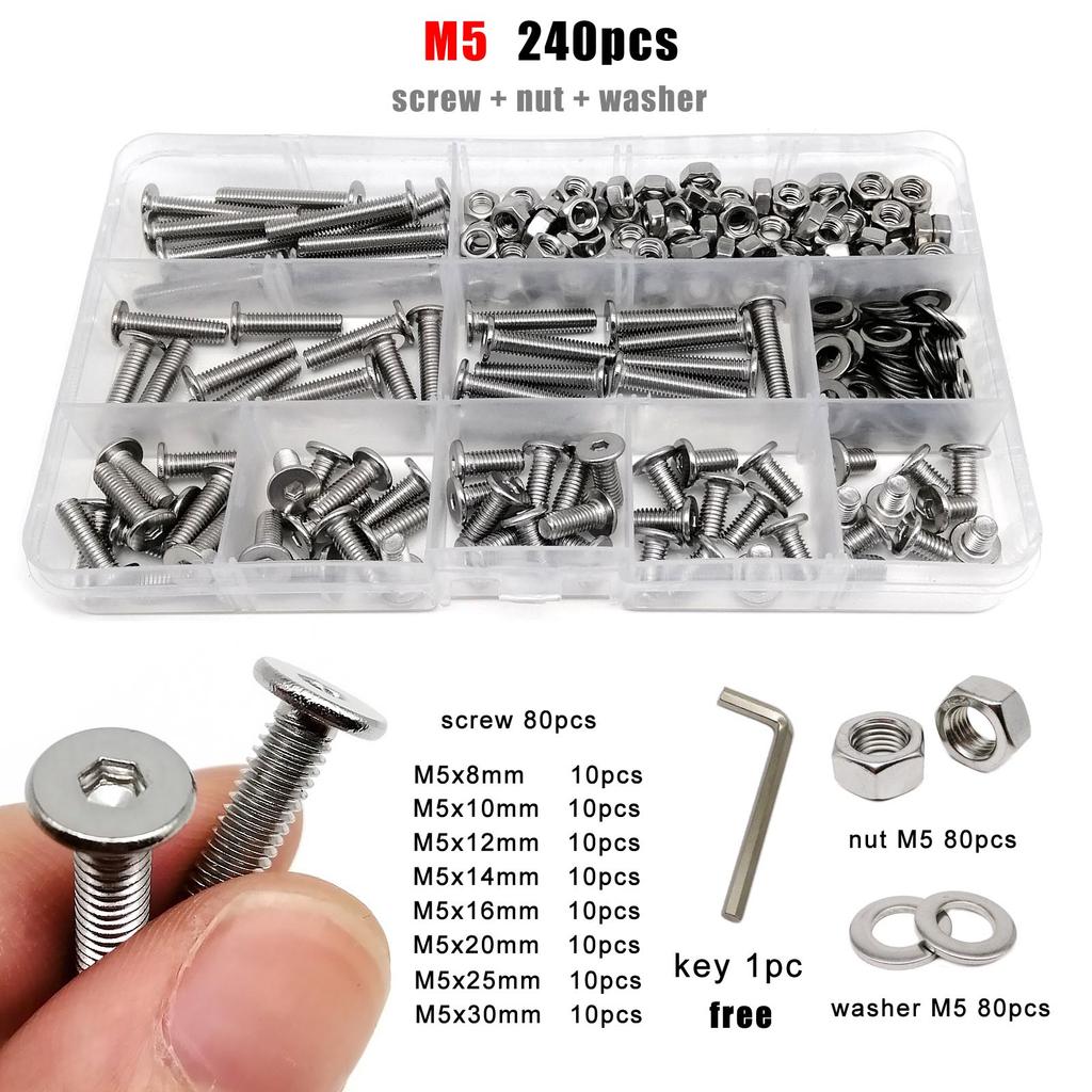 M1.6 M2 M2.5 M3 M4 M5 M6 M8 304 Stainless Steel CM Allen Hex Socket Ultra Thin Flat Wafer Head Screw Bolt Nut Washer Set Kit Box